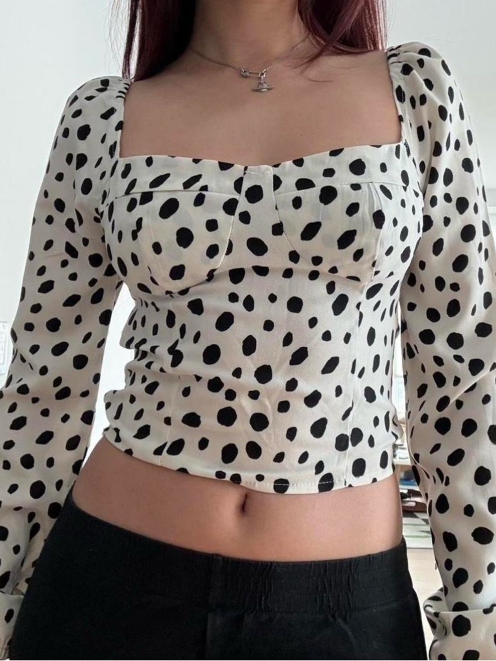 Square-Neck Polka Dot Long Sleeve Blouse - White/Black